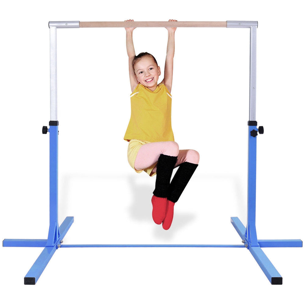Adjustable blue gymnastics horizontal bar for kids, height adjustable from 36" to 59", perfect for home training.