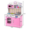 Kids wooden pretend cooking playset in pink with realistic features, perfect for imaginative play and creativity.