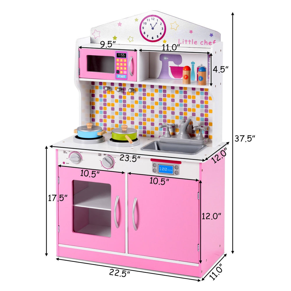 Kids wooden pretend cooking playset in pink with realistic features, perfect for imaginative play and creativity.