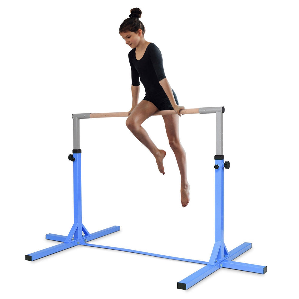 Adjustable blue gymnastics horizontal bar for kids, height 36"-59", perfect for home training and beginners.