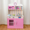 Kids wooden pretend cooking playset in pink with realistic features, ideal for imaginative play and creativity.