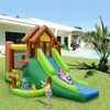Kids inflatable jungle bounce house with two slides, climbing wall, and safety nets for outdoor fun and active play.