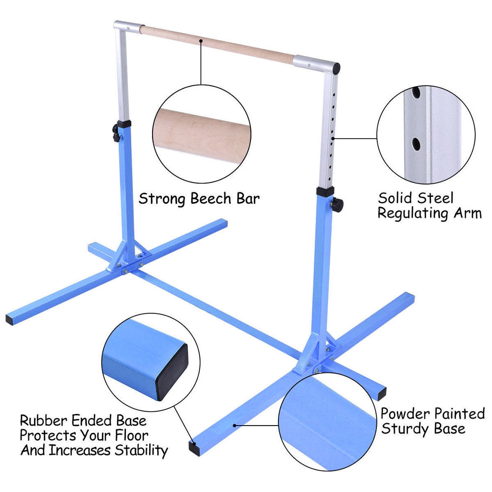 Adjustable blue gymnastics horizontal bar with beech wood, stainless steel arm, and rubber-ended base for stability.