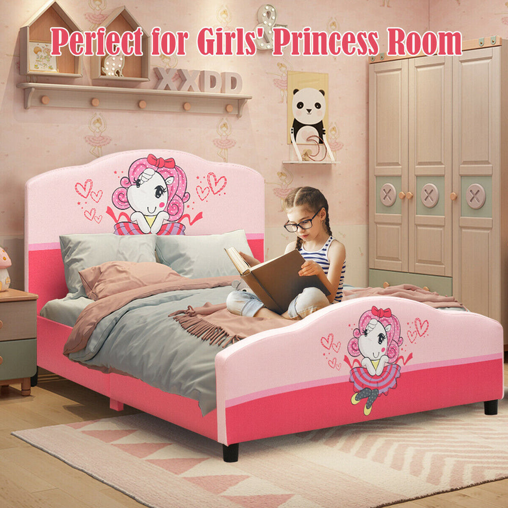 Upholstered toddler bed with cute girl patterns, made of PVC and MDF, perfect for a child's princess room.
