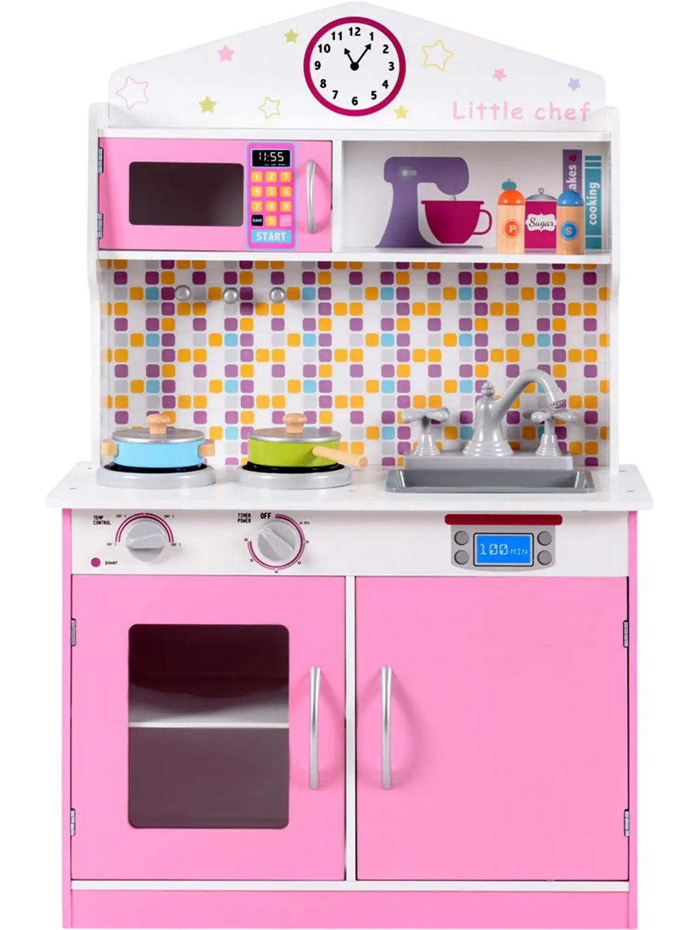 Kids wooden pretend cooking playset in pink with realistic features, sturdy MDF construction, perfect for imaginative.