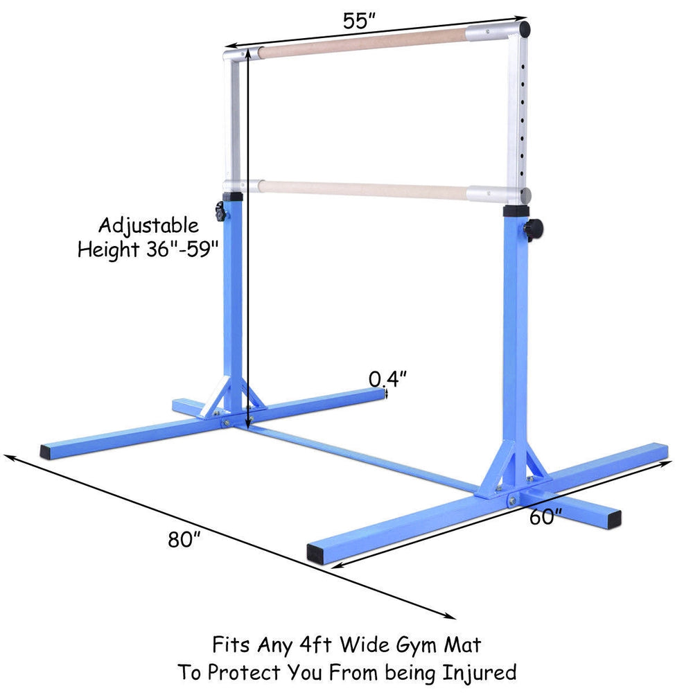 Adjustable blue gymnastics horizontal bar for kids, height 36"-59", sturdy steel construction for home training.