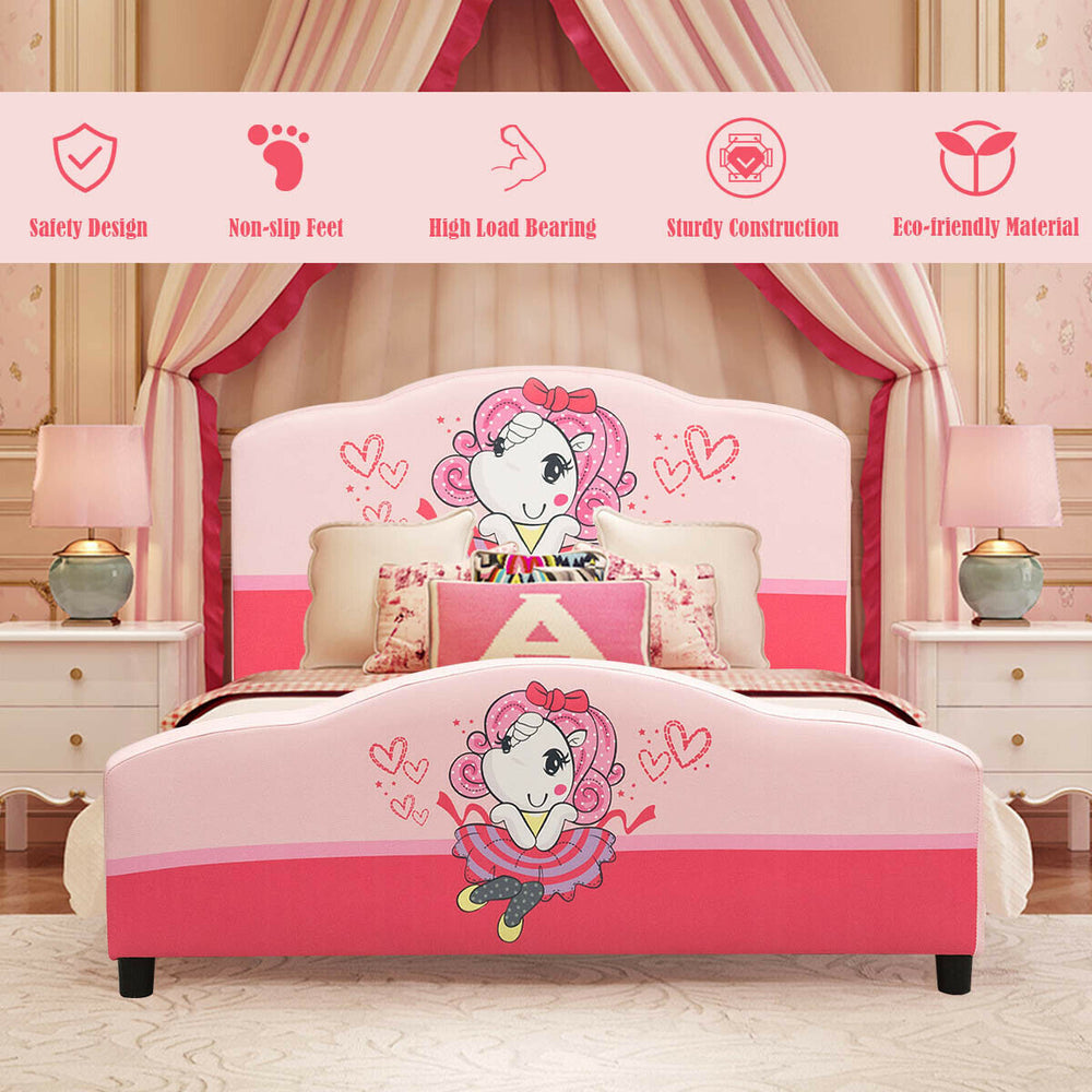 Kids upholstered platform bed with cute girl pattern, made of eco-friendly PVC, sturdy construction, and adjustable.