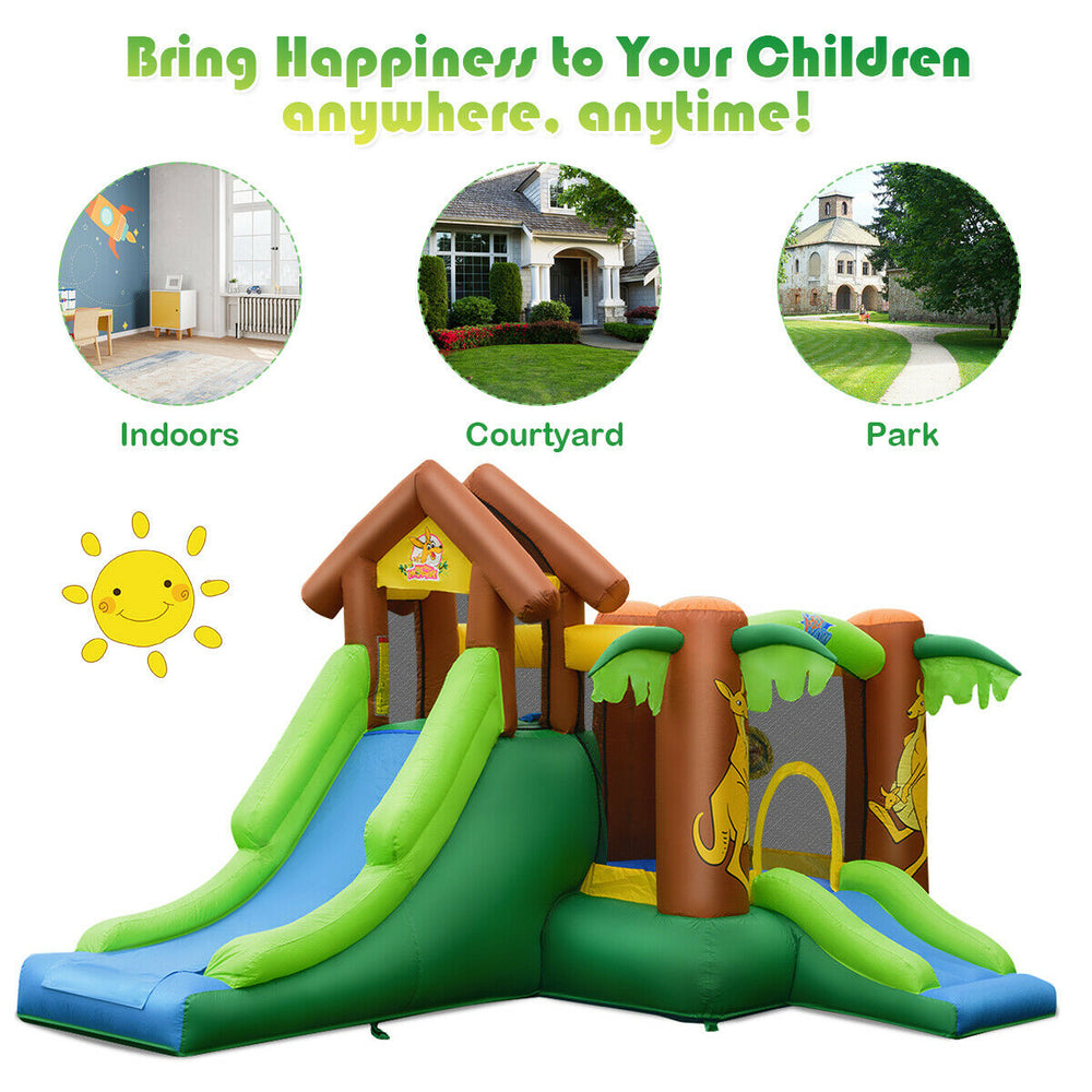 Kids inflatable jungle bounce house with two slides, climbing wall, and safety nets for indoor or outdoor fun.