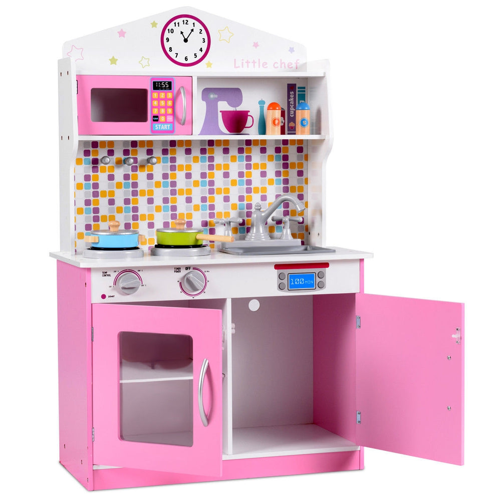 Pink kitchen sink area of the Kids Wooden Pretend Cooking Playset, featuring realistic details for imaginative role.