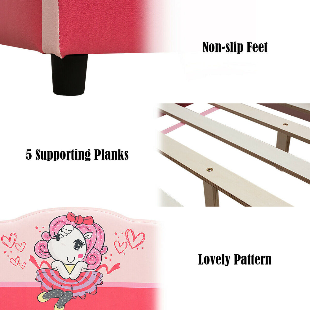 Detail of the Kids Children Upholstered Platform Bed showing non-slip feet, supporting planks, and a lovely girl.