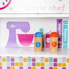 Colorful wooden salt and pepper shakers from the kids' pretend cooking playset, perfect for imaginative kitchen play.