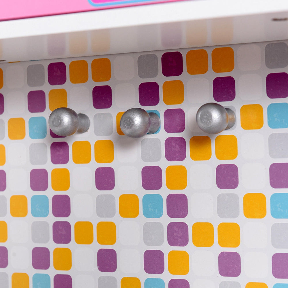Silver hooks on a colorful backdrop for the Kids Wooden Pretend Cooking Playset, perfect for imaginative play.