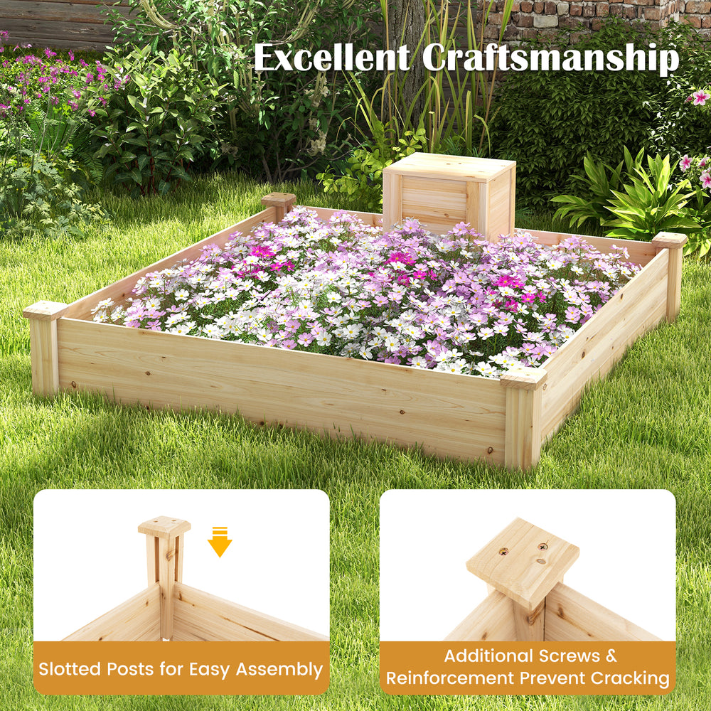 Raised garden bed with compost bin, made of natural fir wood, features easy assembly and open-ended design for drainage.