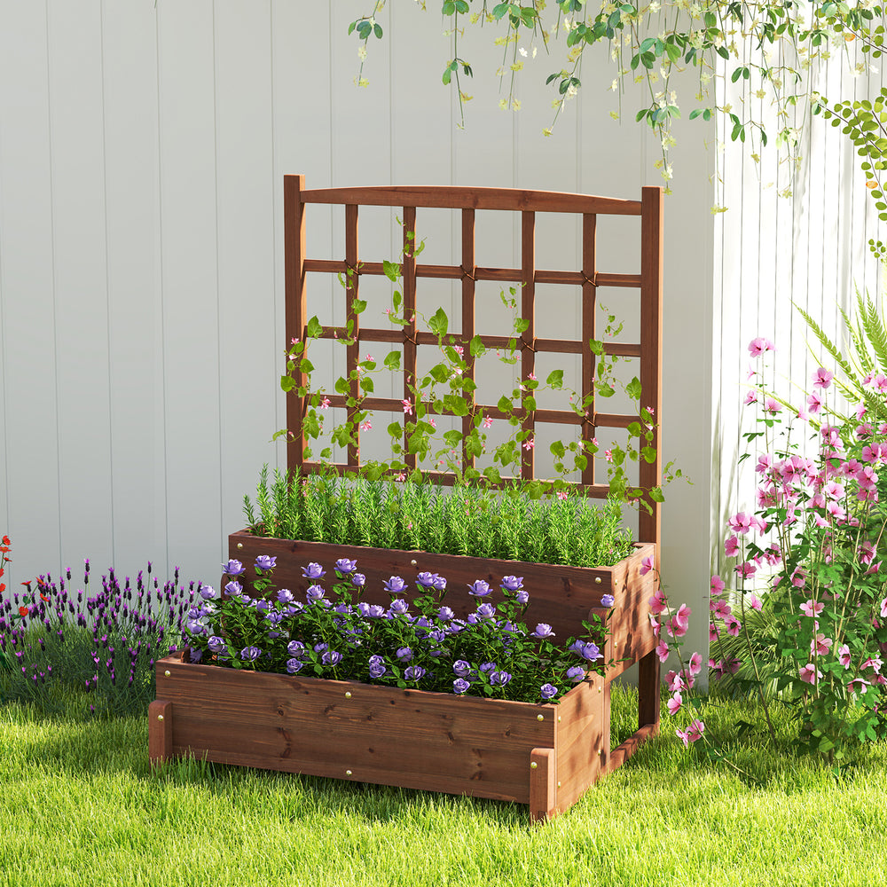 2-tier wood planter box with trellis in rustic brown, ideal for growing vegetables and climbing plants in outdoor.