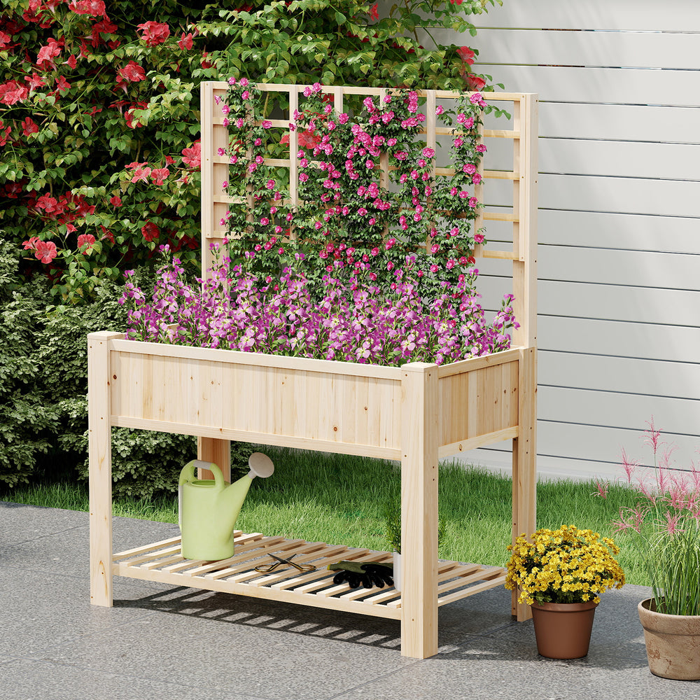 Planter box with slatted shelf for easy access to tools, crafted from fir wood with a climbing trellis for decorative.