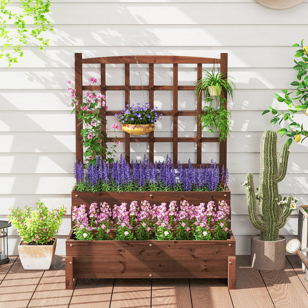 Raised garden bed with trellis in rustic brown, featuring 2-tier planter boxes for growing vegetables and flowers.
