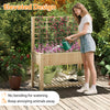 Wooden elevated planter box with trellis, ideal for growing vegetables and flowers while keeping animals away.