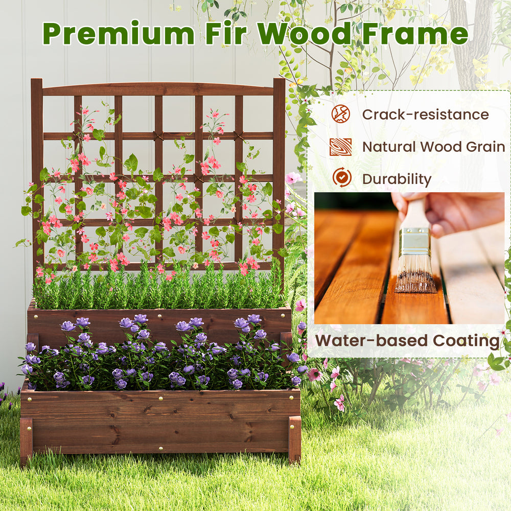Raised garden bed with trellis in rustic brown, featuring premium fir wood, drainage holes, and durable design for.
