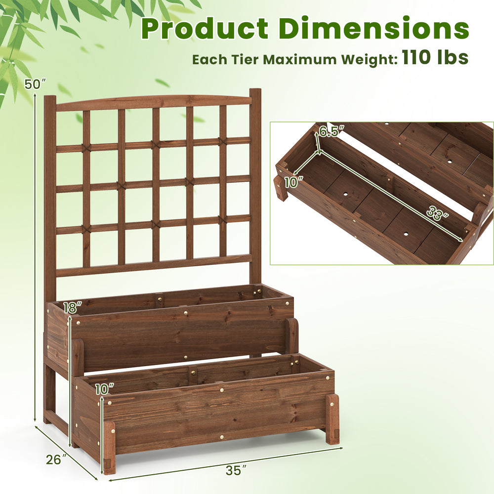 2-tier rustic brown raised garden bed with trellis, featuring drainage holes for growing vegetables and climbing plants.