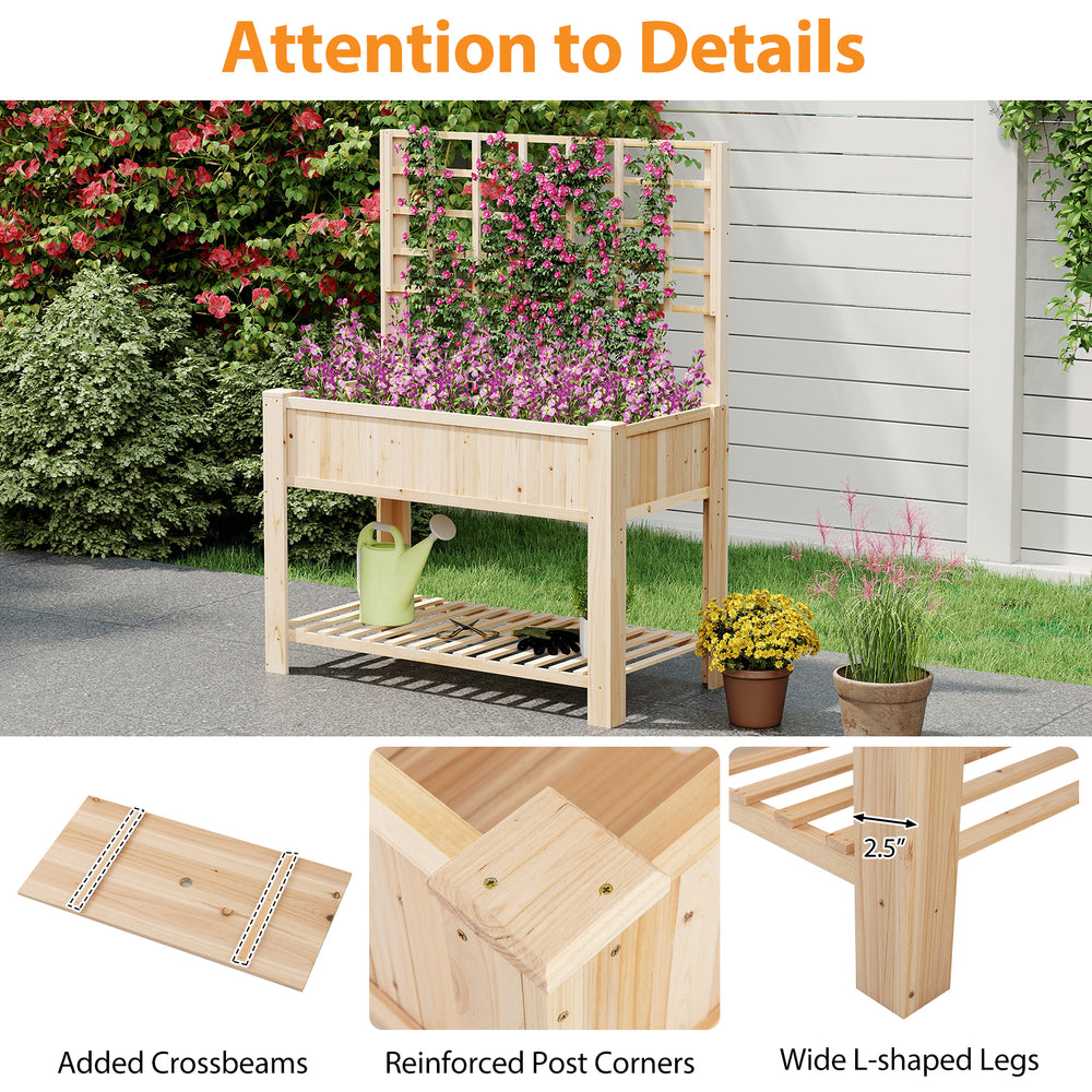 Wooden raised garden bed with trellis, crafted from fir wood, featuring reinforced corners and wide L-shaped legs for.