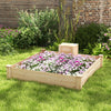 Raised garden bed made of fir wood with compost bin, featuring flowers and an open-ended bottom for drainage.
