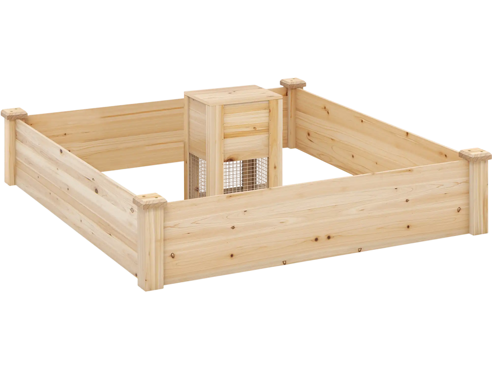 Raised garden bed with compost bin, made of durable fir wood, ideal for growing flowers and vegetables.