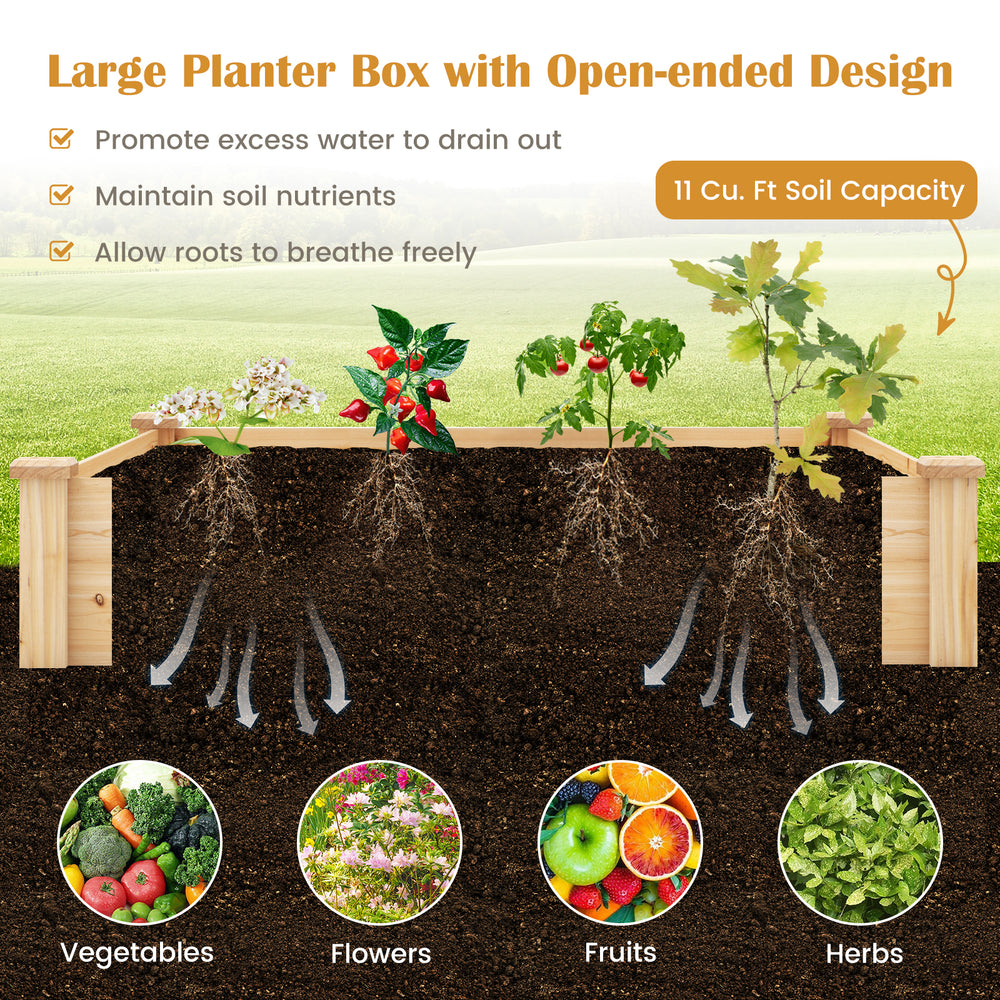 Large raised garden bed made of fir wood, featuring an open-ended design for 11 cu. ft. soil capacity, ideal for.