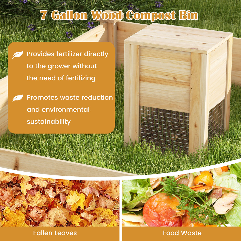 7-gallon wood compost bin made of fir wood, promoting waste reduction and sustainability for your garden.