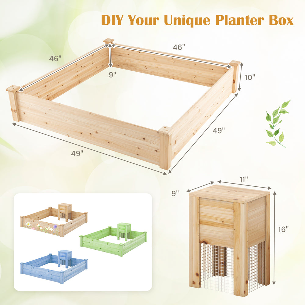 Raised garden bed with compost bin, 49x49x10 inches, made of durable fir wood for growing flowers and vegetables.