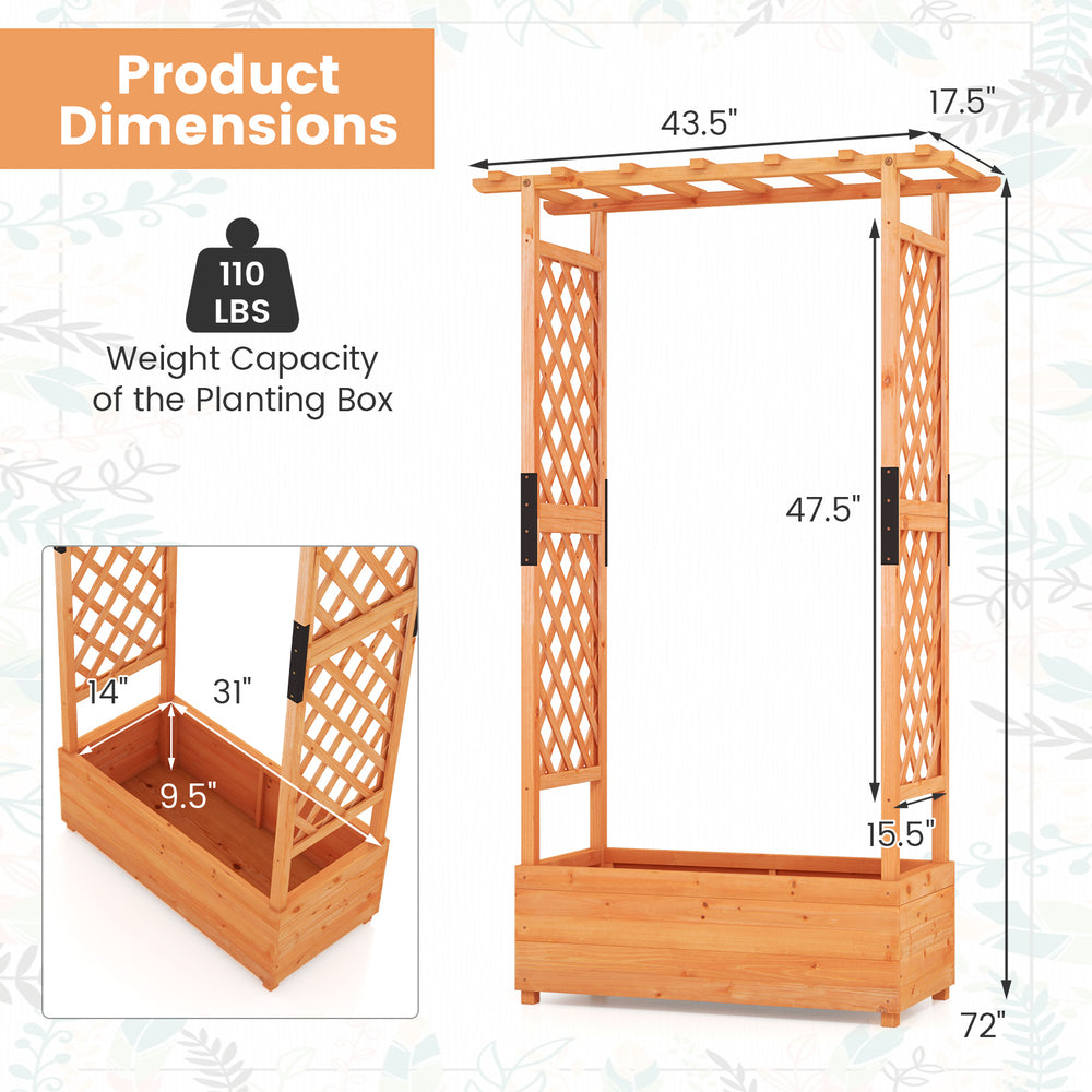 Raised garden bed with arch trellis in natural fir wood, featuring a deep planter box and diamond lattice for climbing.