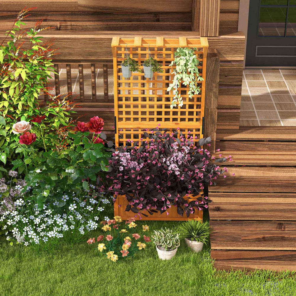Natural fir wood raised garden bed with trellis and hanging roof, ideal for climbing plants and decorative displays.