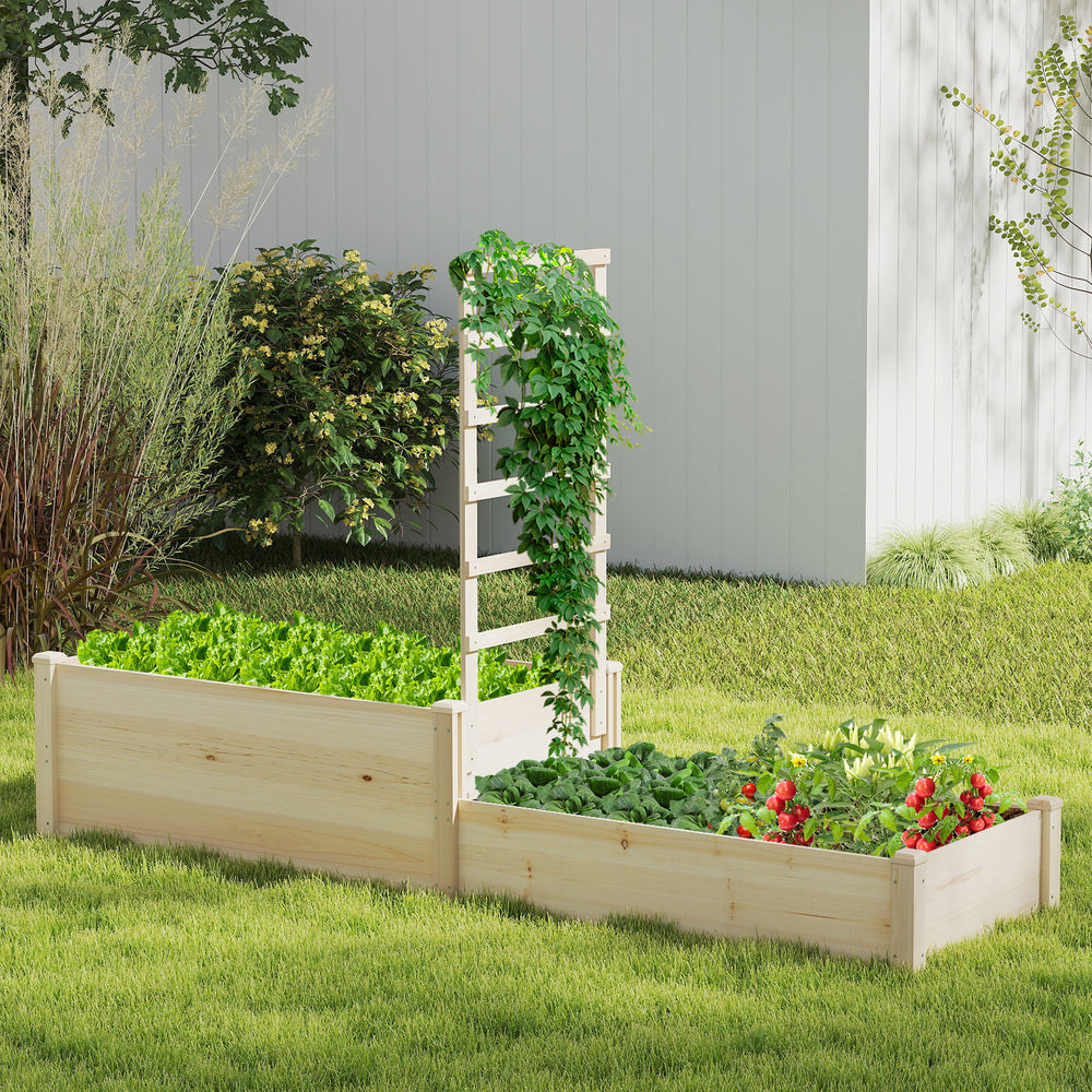Raised garden bed with trellis featuring two planter boxes, ideal for flowers and vegetables in a natural wood finish.