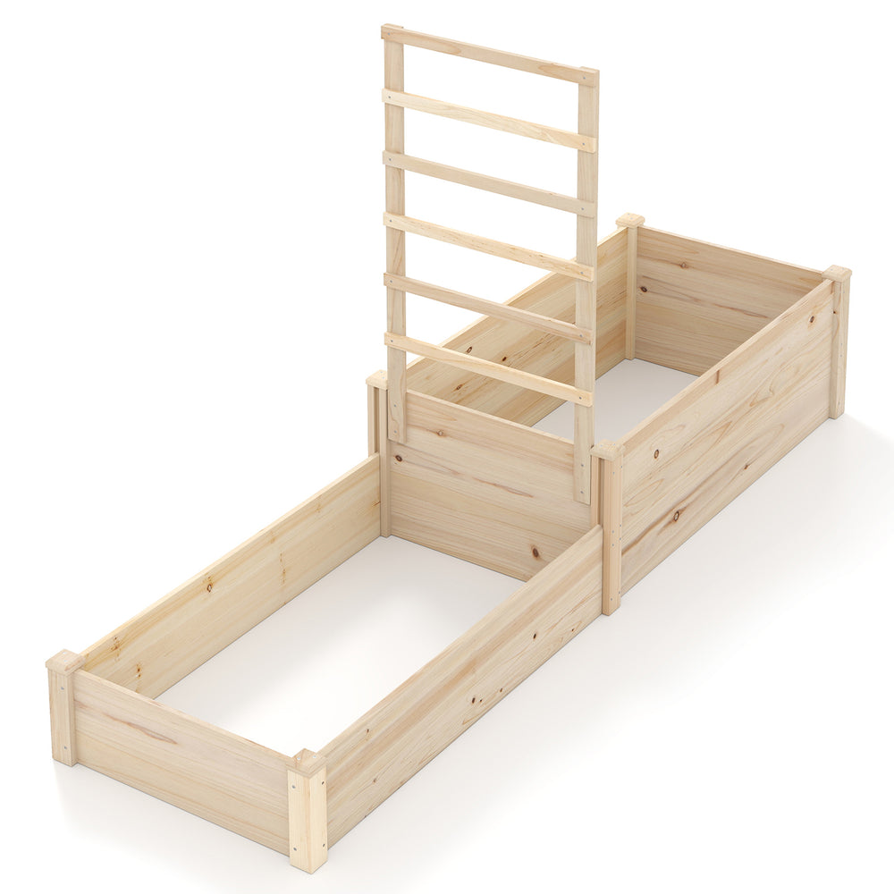 Raised garden bed with trellis in natural wood, featuring two planter boxes for flowers and vegetables, ideal for.
