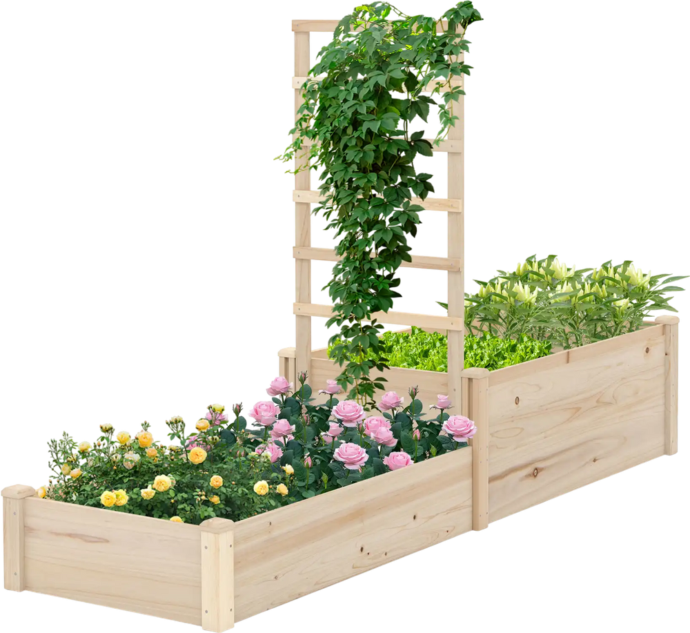 Raised garden bed with trellis featuring two planter boxes, ideal for flowers and vegetables, suitable for courtyards.