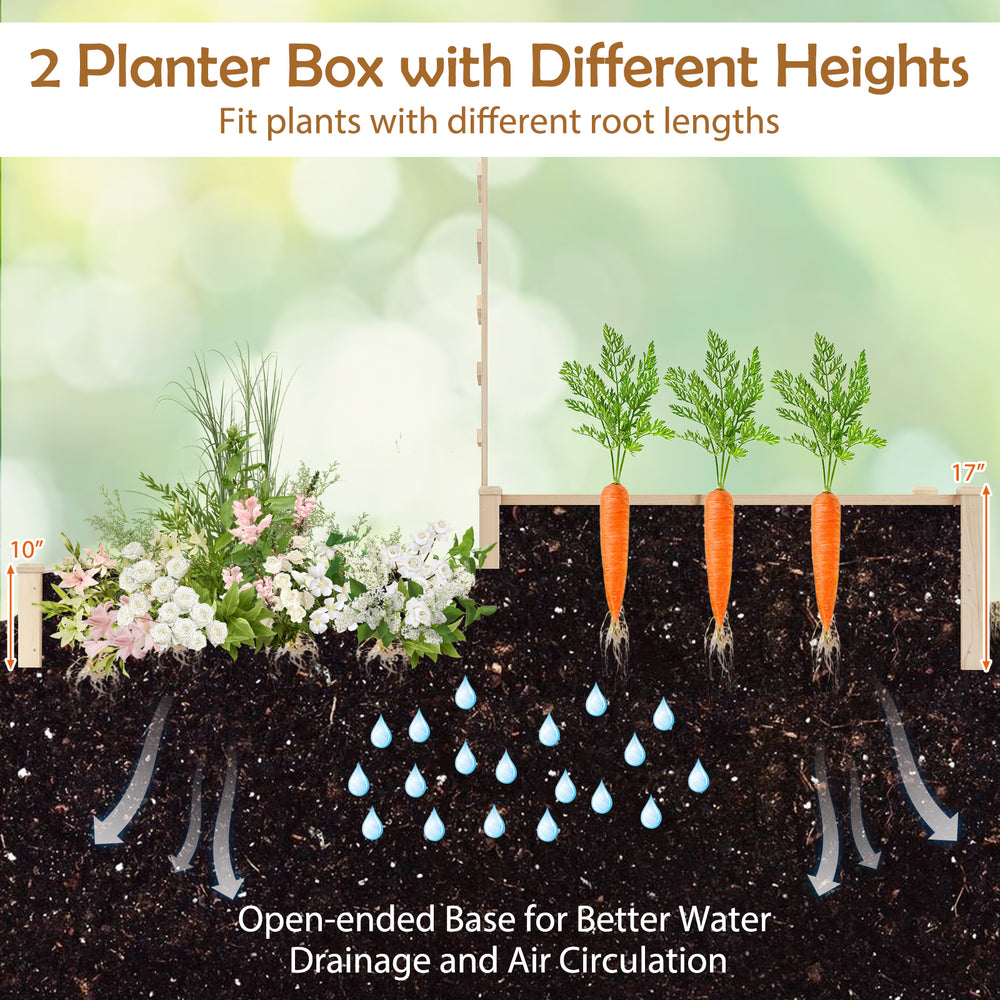 2-tier raised garden bed with trellis, featuring open-ended base for drainage, ideal for flowers and vegetables.