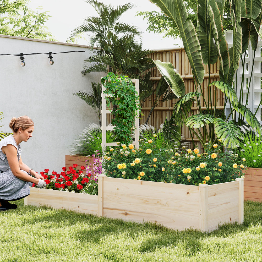 Close-up of the 87-inch raised garden bed with trellis, showcasing solid wood construction and vibrant flower.