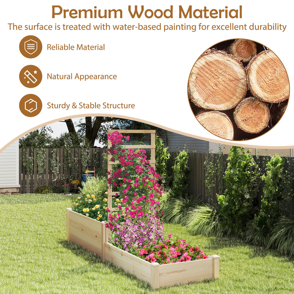 Raised garden bed with trellis featuring two planter boxes, made from solid wood for growing flowers and vegetables.