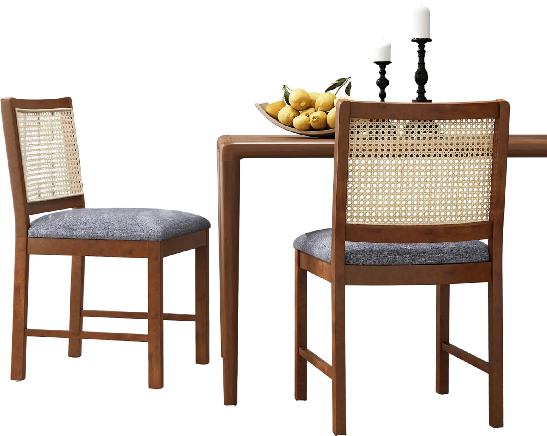 Costway Rattan Dining Chairs Set of 2 Walnut Linen Padded Seat Rubber Wood Frame 96521873 New