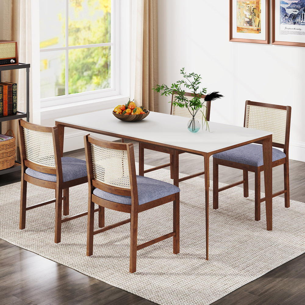 Rattan dining chair set featuring rubber wood frames and linen fabric padded seats, perfect for dining rooms or offices.