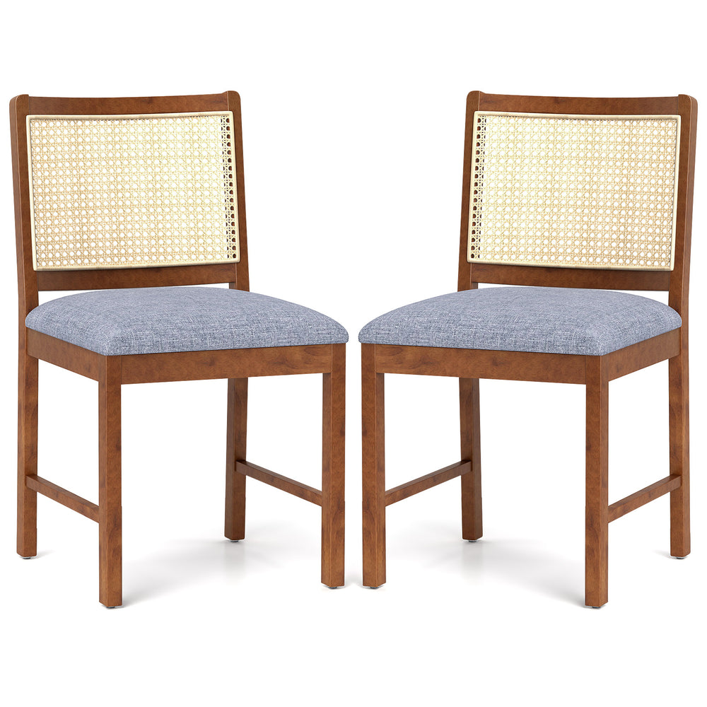 Set of 2 rattan dining chairs with rubber wood frame and linen fabric padded seats, perfect for dining rooms or offices.