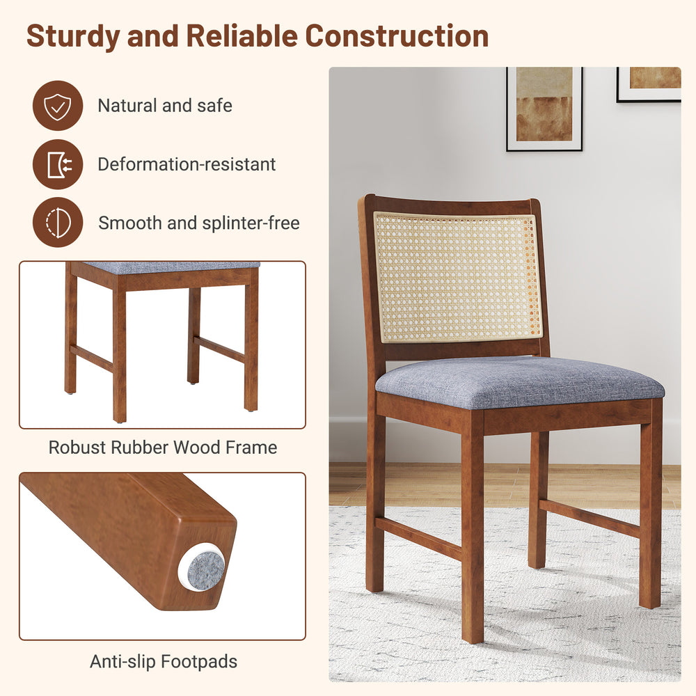 Rattan dining chair with rubber wood frame and linen fabric padded seat, showcasing a warm walnut finish for versatile.