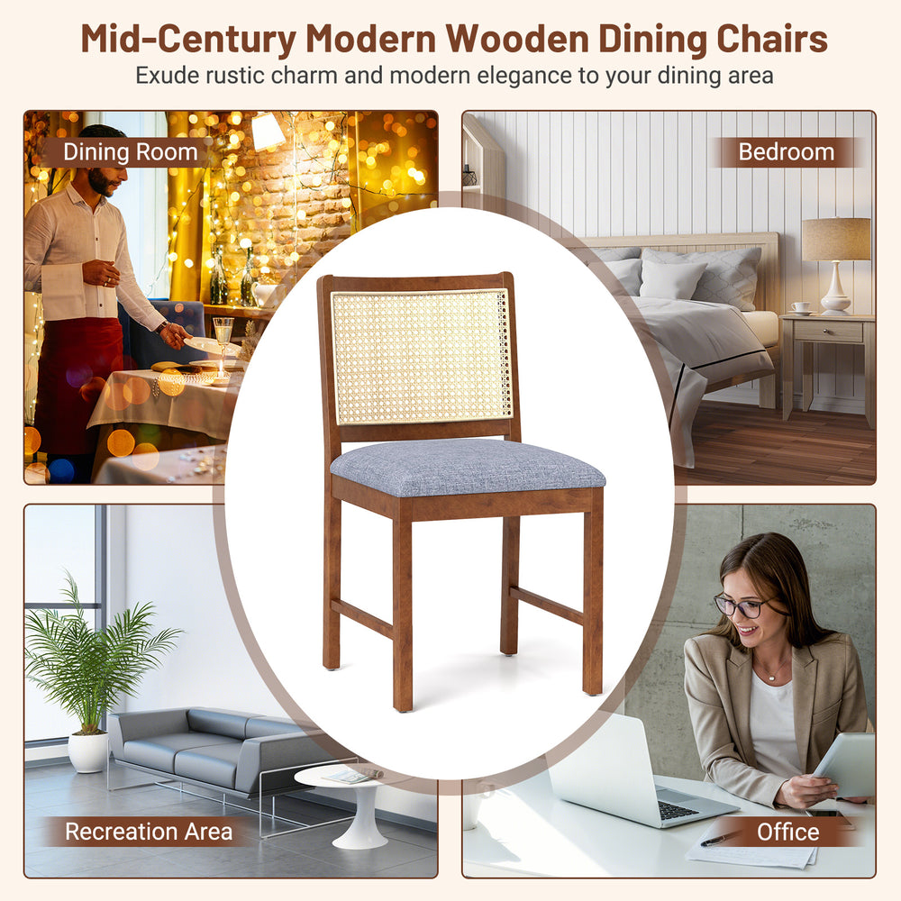 Rattan dining chair with rubber wood frame and linen fabric padded seat, ideal for dining rooms and cozy spaces.