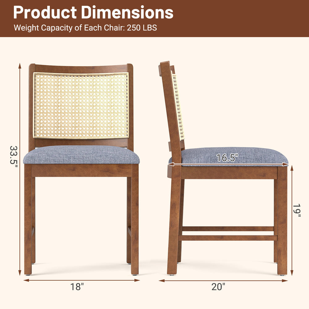 Rattan dining chair set of 2 featuring rubber wood frames and linen fabric padded seats, ideal for dining areas.