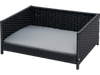 Rattan dog bed with gray waterproof cushion, sturdy design for medium small dogs and cats, ideal for indoor and outdoor.