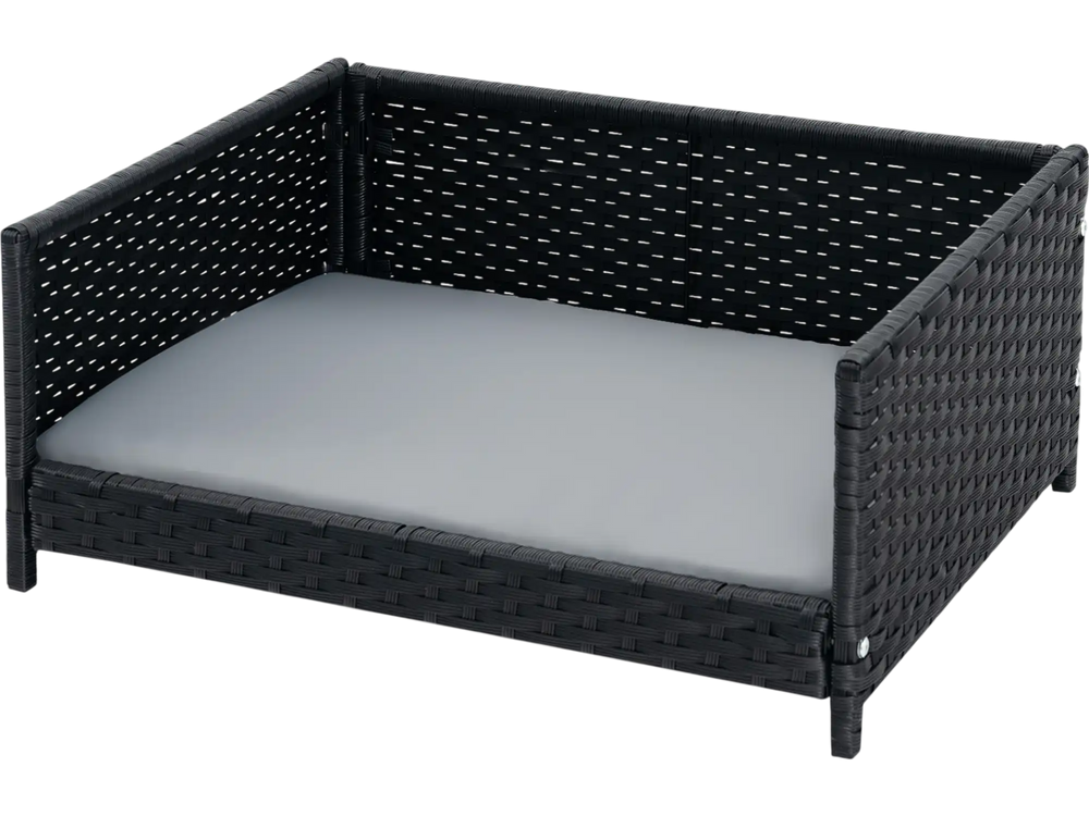 Rattan dog bed with gray waterproof cushion, sturdy design for medium small dogs and cats, ideal for indoor and outdoor.