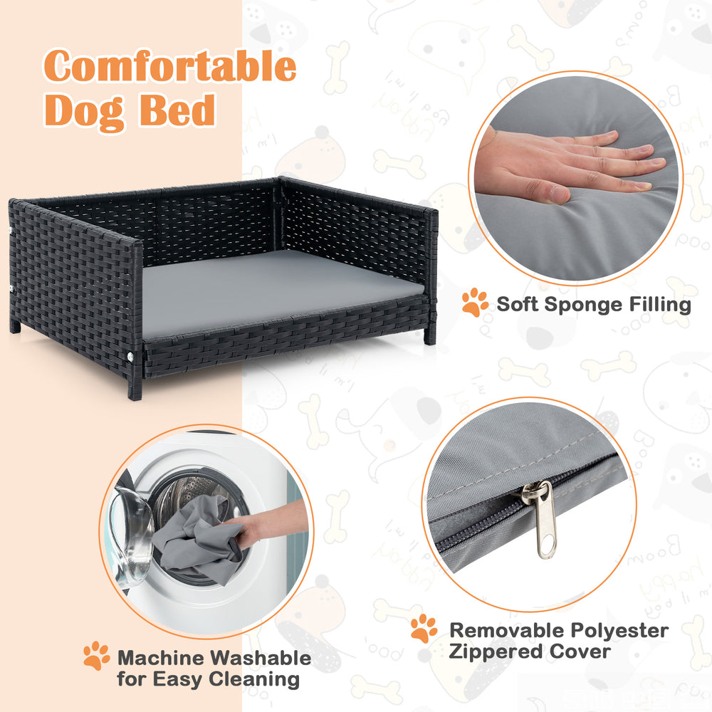 Rattan dog bed with waterproof cushion, soft sponge filling, and sturdy metal support for indoor and outdoor use.
