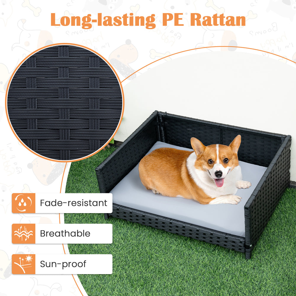 Rattan dog bed with waterproof cushion, fade-resistant PE rattan, ideal for indoor and outdoor use.