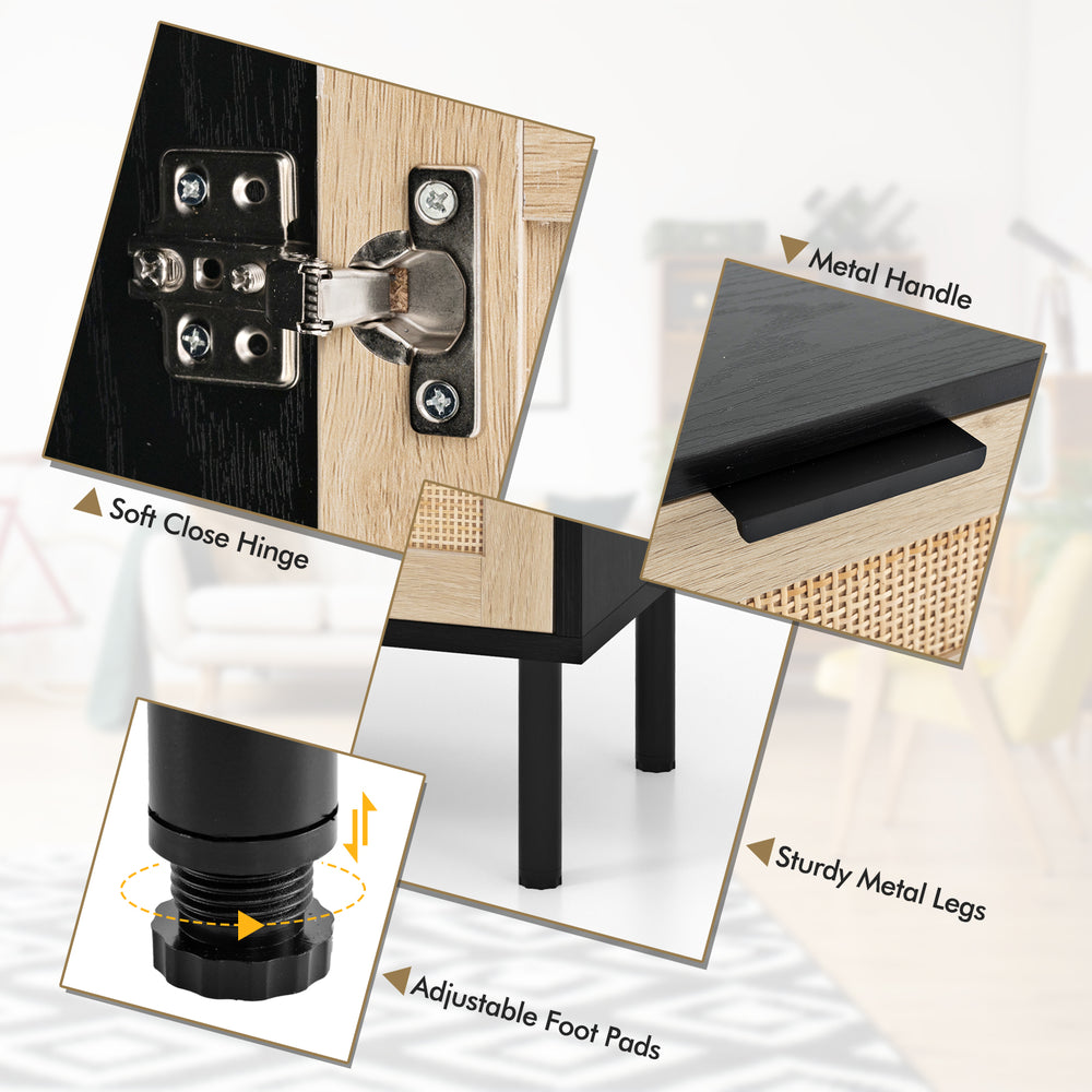 Close-up of the Rattan Nightstand's soft close hinge, metal handle, and sturdy metal legs for added stability.