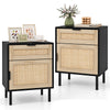 Rattan nightstand set of 2 with drawer and cabinet, featuring natural wood finish and sturdy metal legs for bedroom.