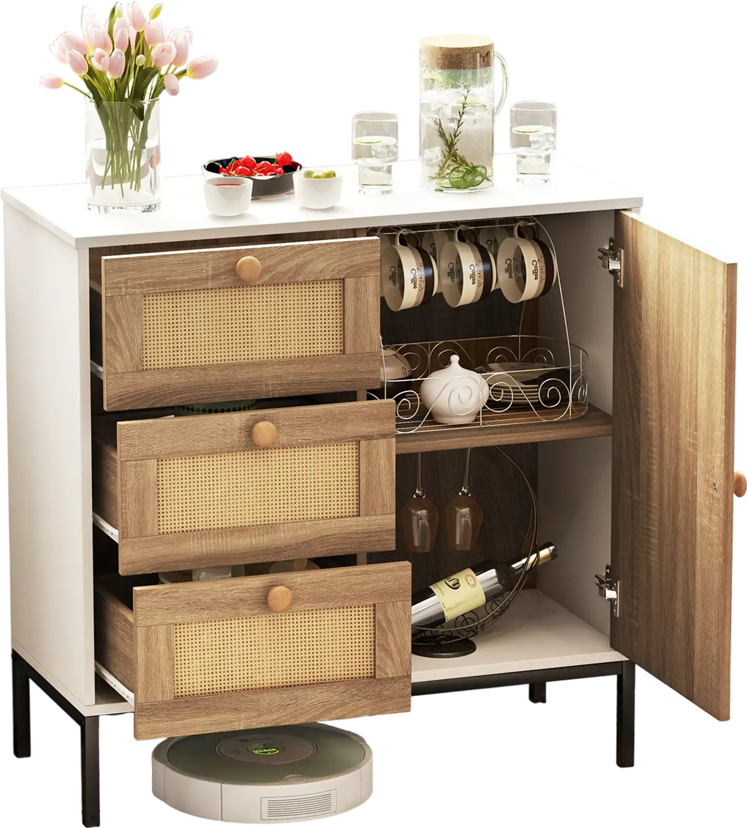 Costway Rattan Sideboard Buffet Cabinet 1 Door 3 Drawers White 87694325 New